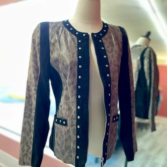 Sharif 1827 Couture Suede Black and Metallic Leopard Print Zip Up Jacket - Picture 3 of 6